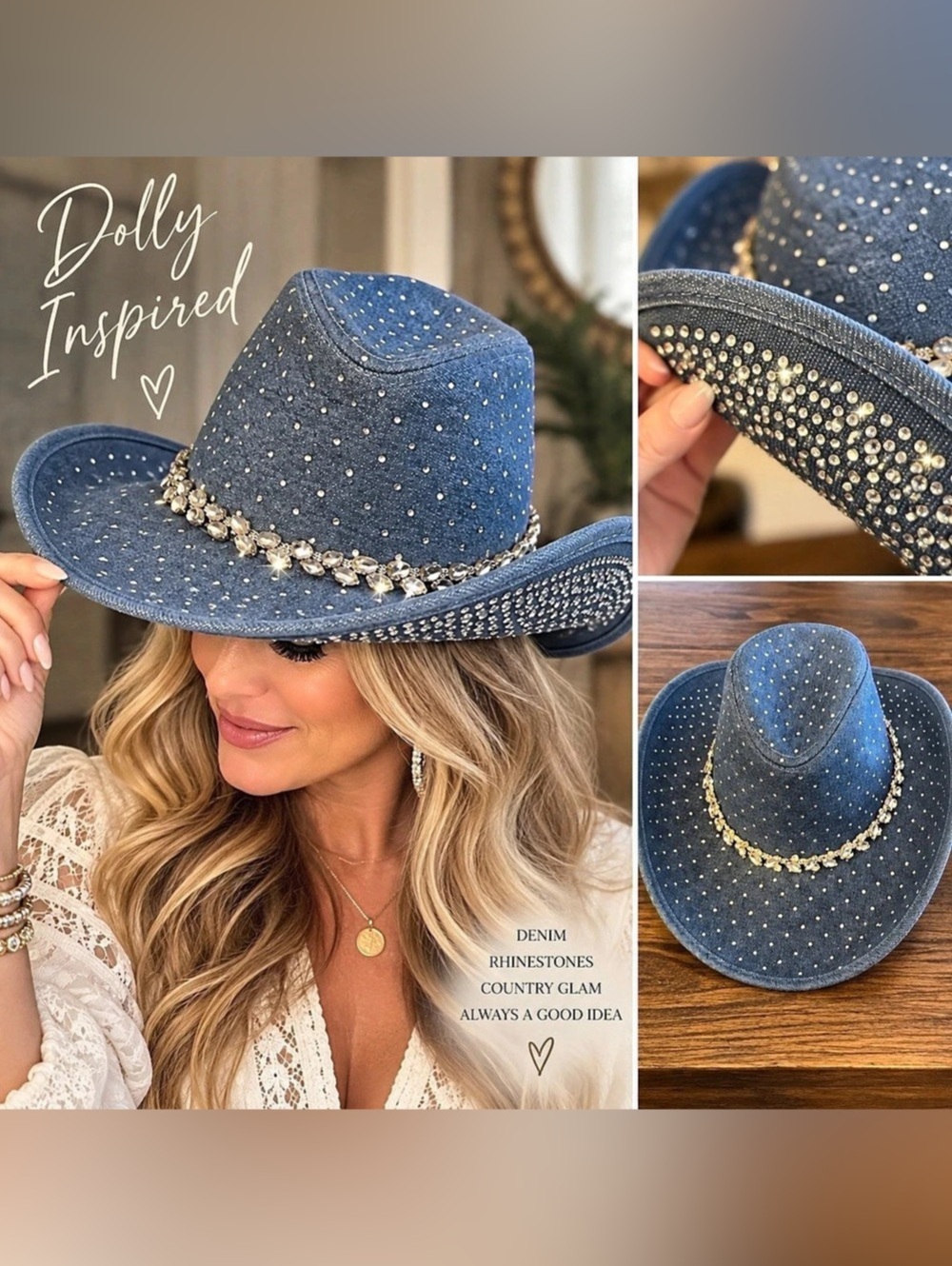 Dolly Inspired Denim Rhinestone Cowboy Hat Western Country Glam Blue